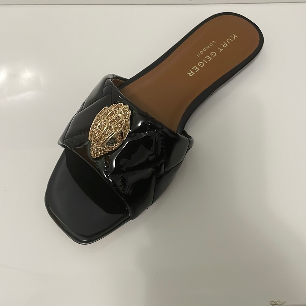 Kurt Geiger London Kensington Patent Leather Eagle Head Flat Slide Sandals